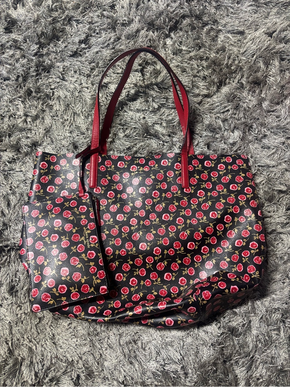 Reversible Kate Spade Black Floral Tote with Red Handles and Matching Pouch